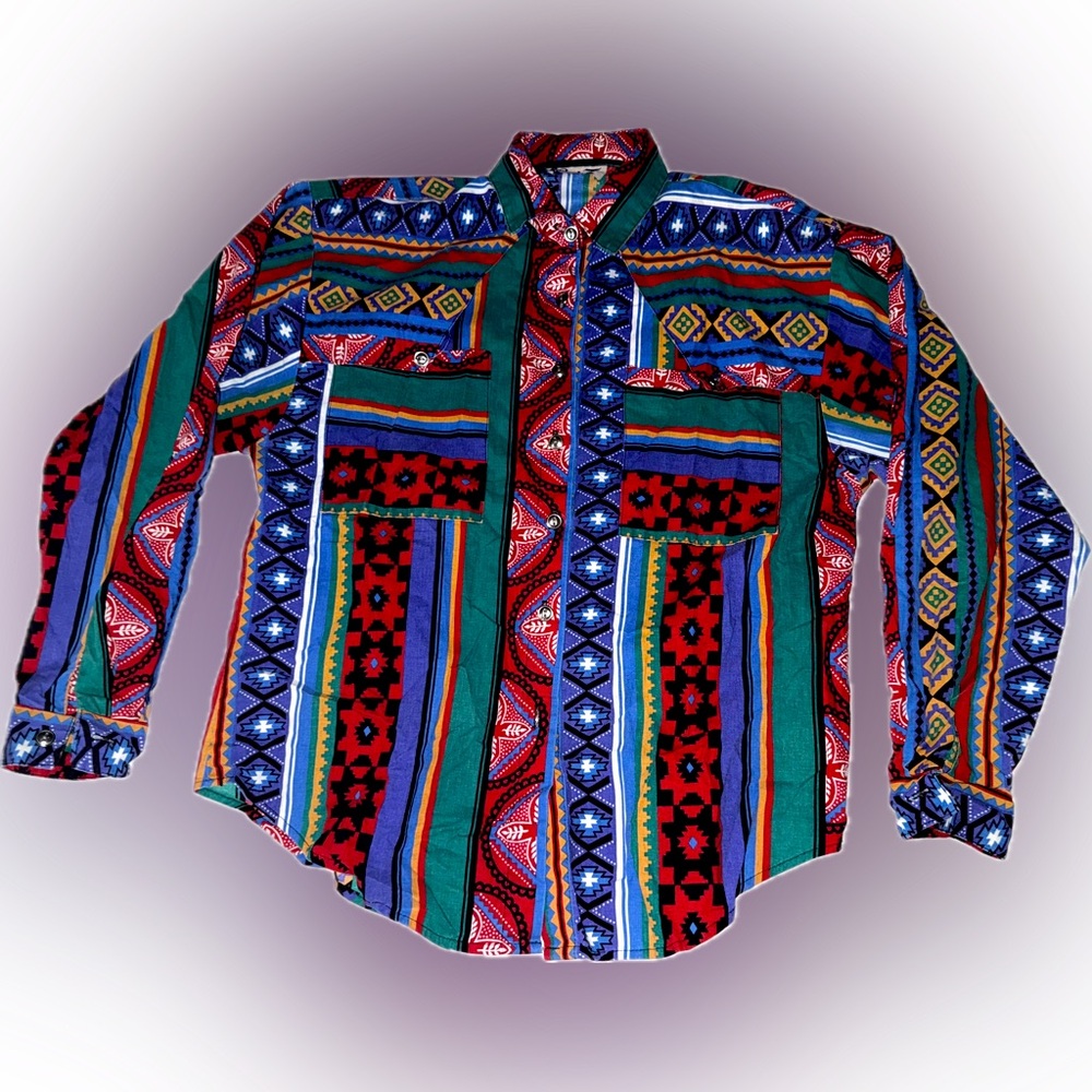Multi pattern south western retro vintage Mexican aztec bandana button up shirt